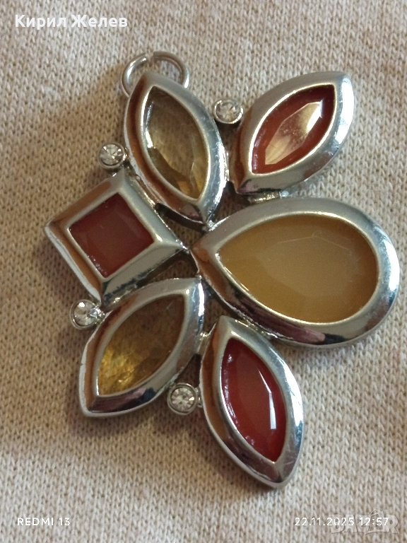 ВИСУЛКА ИНКРУСТИРАНА с РАЗЛИЧНИ ФАЦЕТИРАНИ КАМЪНИ в КАФЯВИ,ЖЪЛТИ и ЗЕЛЕНИ ТОНОВЕ 52154, снимка 1