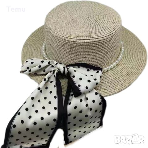 Елегнтна дамска сламена шапка в стилен дизайн с перли и пандела на точки, снимка 4 - Шапки - 46411717