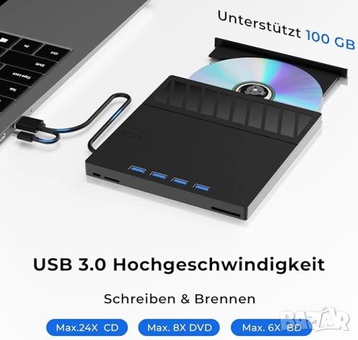 Външно CD/DVD Blu-ray записвачка 4 USB 3.0/Type-C и 2 SD карти за лаптоп Linux Windows Mac OS, снимка 3 - Друга електроника - 51006904