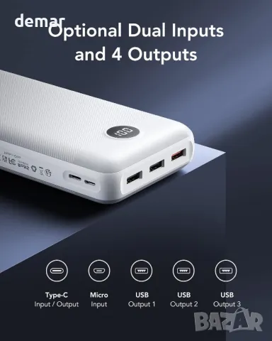 Външна батерия VEGER Power Bank 30000mAh, 20W, PD 18W QC 3.0 USB C с 4 изхода и 2 входа, снимка 5 - Външни батерии - 48876143