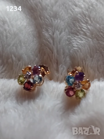  Златни обеци МEXICO  с диаманти и микс от естествени камъни ръчна изработка, снимка 2 - Обеци - 53932380