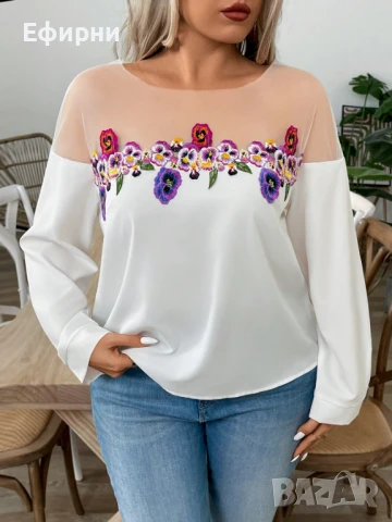 Бяла блуза с бродерия, Блуза на цветя, снимка 3 - Блузи с дълъг ръкав и пуловери - 51305714