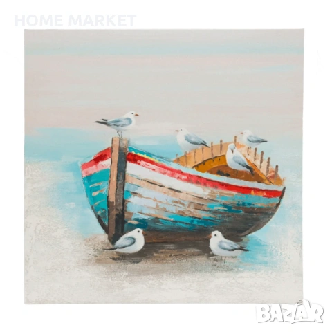Картина Лодка с гларуси, 80*80см Внесете усещане за спокойствие, лекота и морски бриз във вашия дом , снимка 3 - Картини - 53525388