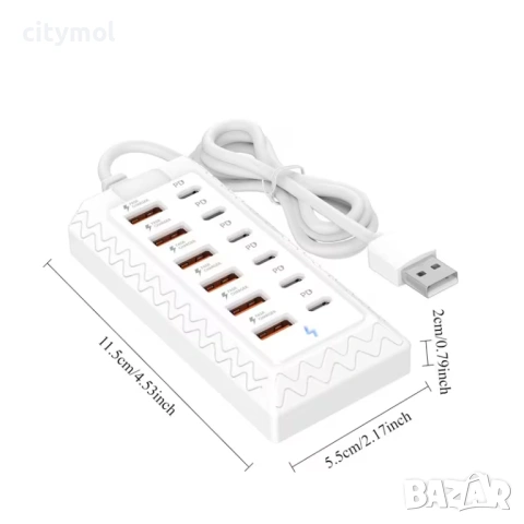 12-портово зарядно устройство за бързо зареждане, 66W, 6 USB + 6 Type C порта, 100 см кабел, снимка 8 - Оригинални зарядни - 53193225