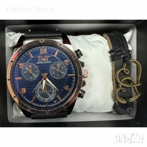 Мъжки часовник S&T Seek Time с кожена гривна – подаръчен комплект, снимка 3 - Мъжки - 51937595