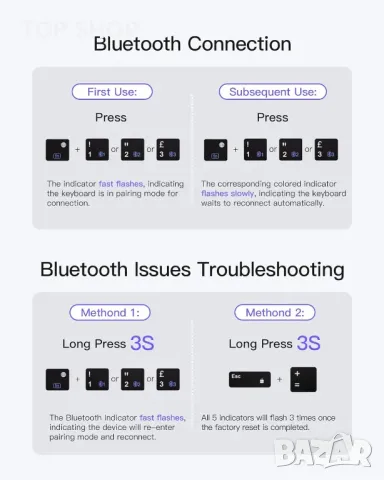 Сгъваема Bluetooth клавиатура Inateck, AI Wireless с тъчпад, 3 Bluetooth канала, iOS Android Windows, снимка 8 - Клавиатури и мишки - 49636793