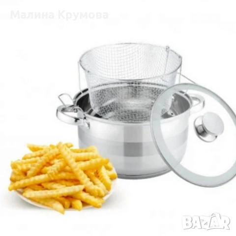 Тенджера с кошница за пържене и стъклен капак Cheffinger  Ø24 см – инокс, 6,5 л, за всички котлони, снимка 2 - Съдове за готвене - 53174846