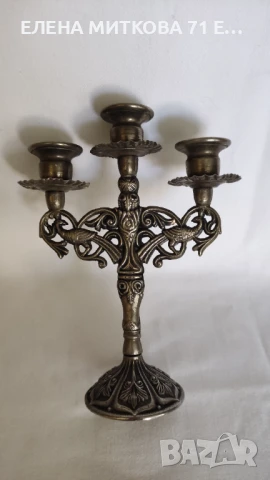 Стар метален свещник тройка с красиви орнаменти, снимка 2 - Антикварни и старинни предмети - 50869125