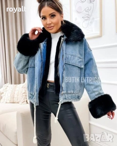 СИНЬО ДЪНКОВО ЯКЕ С ЧЕРЕН ПУХ, снимка 3 - Якета - 52648353