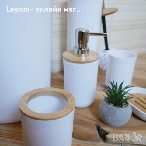 Комплект аксесоари за баня Ruhhy 24635 – 6 елемента с бамбукови детайли, бял цвят