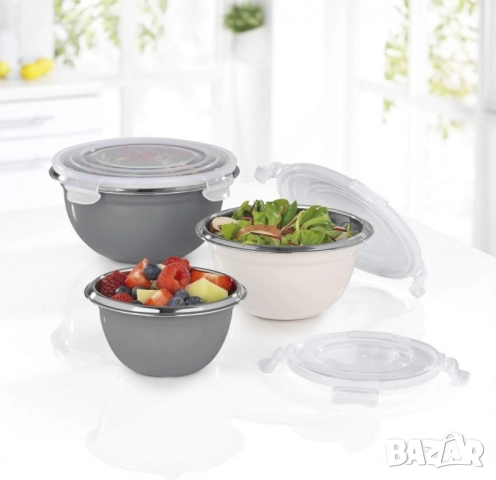 Комплект GOURMETmaxx купи от неръждаема стомана с капаци – 3 в 1 за съхранение и свежест, снимка 6 - Други стоки за дома - 51919627