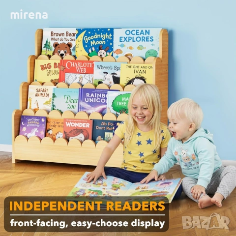 Етажерка за книги с фестон, Монтесори библиотека дървен естествен цвят