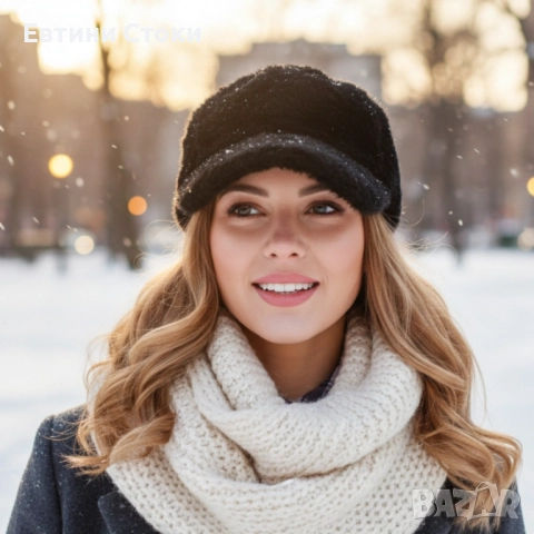 Топла дамска шапка с козирка - пухкав зимен комфорт, снимка 4 - Шапки - 52702832