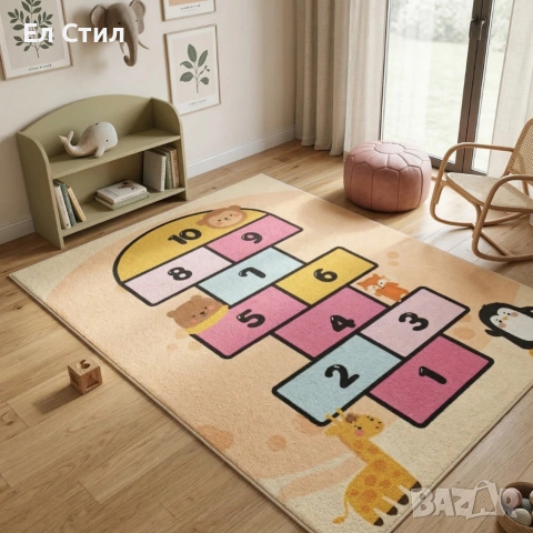 Детски килим за игра 120х160см - Светложълт килим с цветни къщички, противоплъзгащ и миещ се, снимка 3 - Други - 53928182