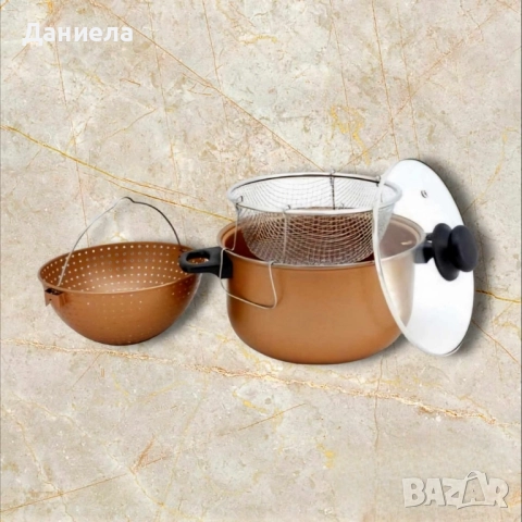 Тенджера с гевгир и кошница за пържене Voltz, 24*12.5см., Меден\въгл. стомана с незалеп. покр., снимка 2 - Съдове за готвене - 51941230