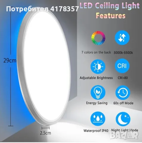 LED плафон х 2бр. с дистанционно, 7светлини, 24W, снимка 2 - Лед осветление - 46881495