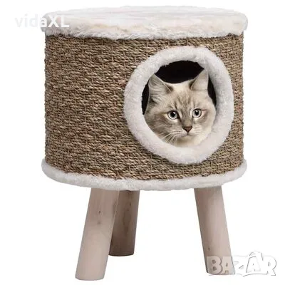 vidaXL Къща за котки с дървени крака, 41 см, морска трева(SKU:170970), снимка 1 - За котки - 49585940