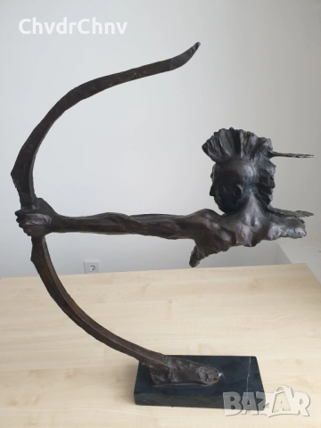 77см-10кг McKenzie статуя-композиция/канадска голяма бронзова скулптура/фигура на индианец с лък, снимка 2 - Статуетки - 52893100