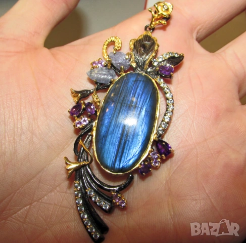 925 сребърно колие с лабрадорит, снимка 3 - Колиета, медальони, синджири - 53975411