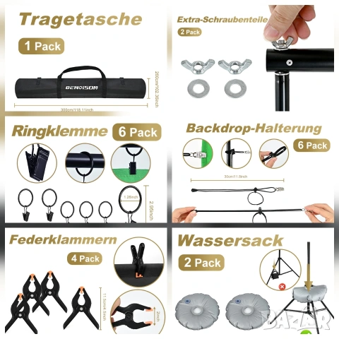 Професионална стойка за фото фон BENOISON 2.6x3м с аксесоари, снимка 11 - Чанти, стативи, аксесоари - 53391192