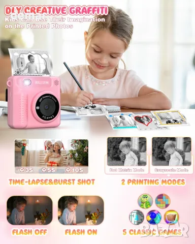 TERRAMUS Kids Camera Instant Print, 12MP 1080P цифров фотоапарат за деца на възраст 3-12 години, снимка 5 - Образователни игри - 47029274