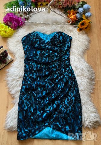 Синя сатенена дантелена рокля