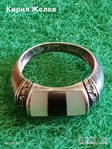 Винтидж сребърен пръстен с инкростация на ОНИКС и СЕДЕФ с марказити отстрани 52823, снимка 2 - Пръстени - 52934015