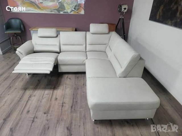  Кремав кожен ъглов диван с електрически релакс механизъм ZE-EM16033, снимка 1 - Дивани и мека мебел - 45560247