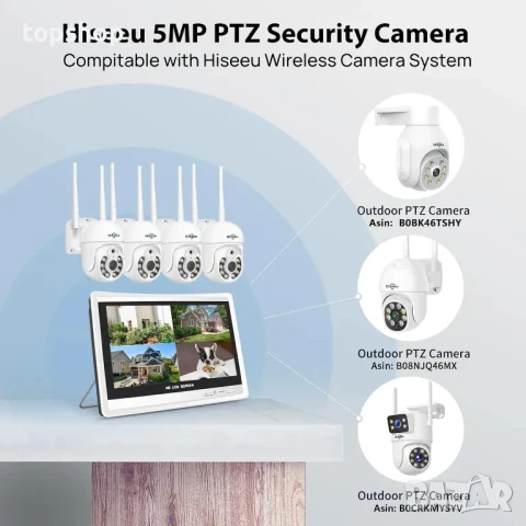 НОВА, пусната за тест, Hiseeu PTZ + 3TB 5MP безжична СОТ система с 12" монитор, 10-канална..., снимка 6 - Комплекти за видеонаблюдение - 50495043