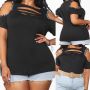 Макси секси модерна блуза с отворени рамена и ефектни прорези в черно с кристали, снимка 1 - Тениски - 45950731