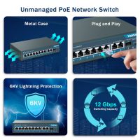 YuanLey 8-портов Gigabit PoE Switch преключвател с 2 Gigabit Uplink 8 PoE+ порта 1000Mbps 1 SFP порт, снимка 11 - Суичове - 45186309