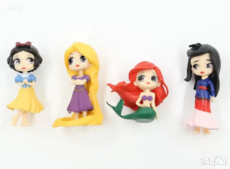 4 принцеси принцеса фигурки фигурка Снежанка Рапунцел Малката русалка Ариел Мулан пластмасови топер, снимка 1