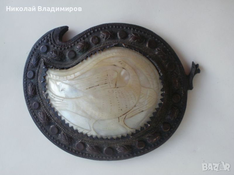 Пафта сребърна бронзова 11 см. на 9 см. седеф седефена българска пафти, снимка 1