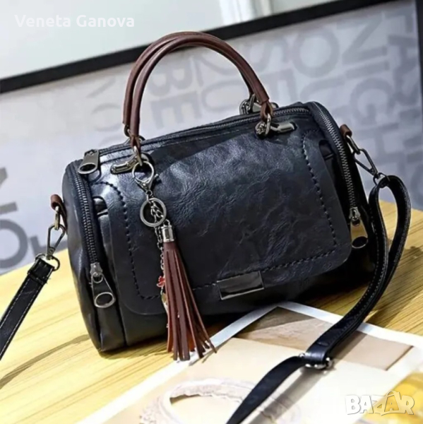 Черна дамска чанта от екокожа с къса и дълга дръжка, снимка 1