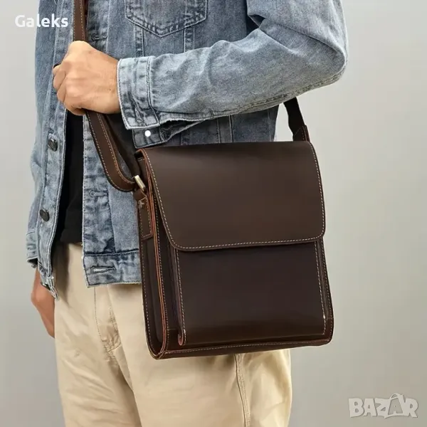 Луксозна кожена чанта за през рамо/ Кавалер • Кафява Crazy Horse естест. кожа!!, снимка 1