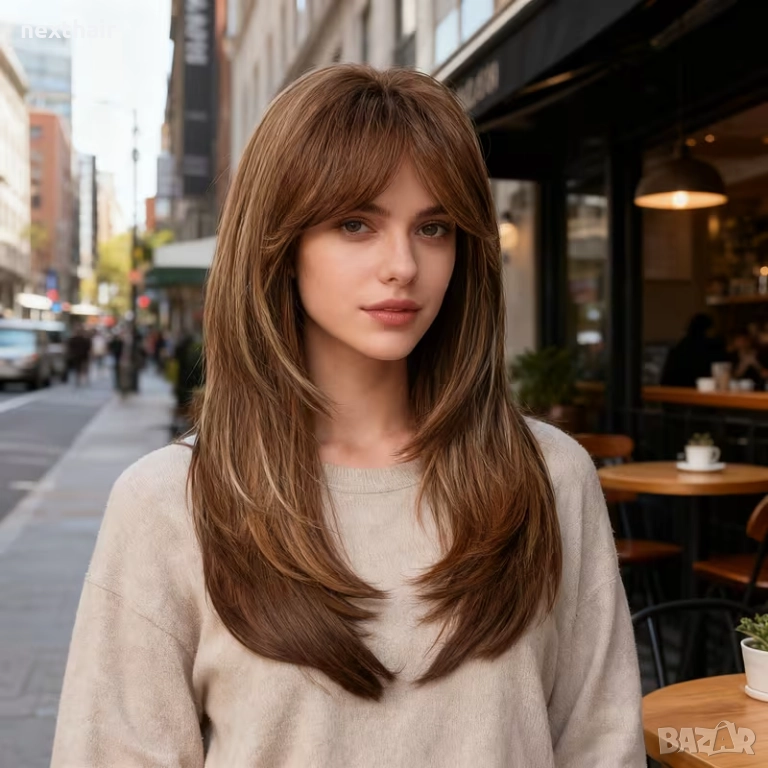 Кафява перука с фини руси кичури и дълъг бретон, снимка 1