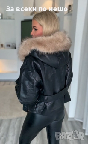Дамско Черно Кожено Яке С Пух Код VL-156, снимка 4 - Якета - 51824397