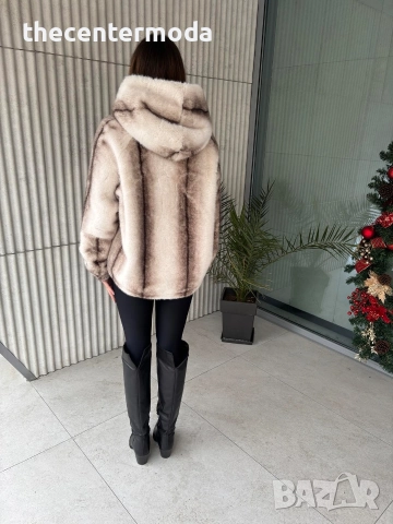 Дамско палто от еко косъм в бежаво кафяво с камъни за акцент, снимка 2 - Палта, манта - 52886567