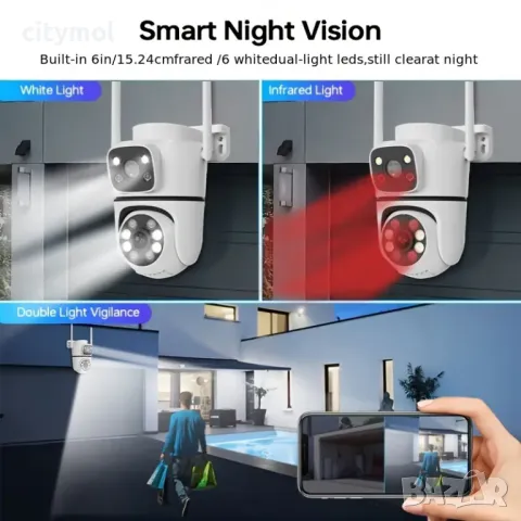Двойна Smart WiFi безжична IP камера 5MP всяка, FULL-HD нощно виждане, SD карта, снимка 4 - IP камери - 49624820