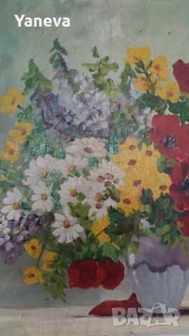 Стара картина „Пролетен букет“,  изобразяваща богат и жизнен цветен букет. , снимка 5 - Картини - 53728056