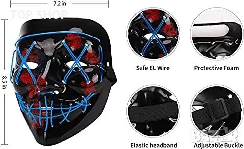 LED Glow неонова страшна Парти маска/Клуб/Коледен косплей/4 режима, снимка 2 - Аксесоари за коса - 49308564