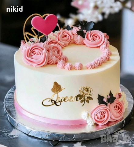 Queen с пеперуда и роза надпис акрил топер декор украса за торта рожден ден кралица, снимка 3 - Други - 50555513