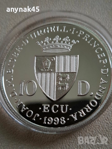 Сребро 10 динера 1998г. Андора, снимка 2 - Нумизматика и бонистика - 53906169