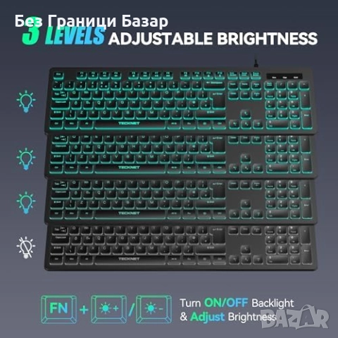 Нова Жична USB клавиатура със светлина, пълноразмерна QWERTY UK за игри, снимка 7 - Клавиатури и мишки - 51919625