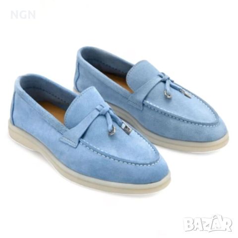 Модерни дамски мокасини в светло син цвят от естествен велур с красив и нежен аксесоар, снимка 1 - Дамски ежедневни обувки - 45082423