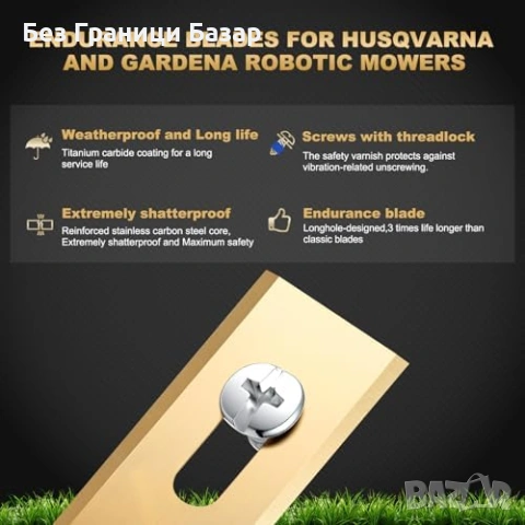 Нови 36 броя ножчета за робот косачка Husqvarna Gardena титаниеви + винтове, снимка 5 - Градинска техника - 53648135
