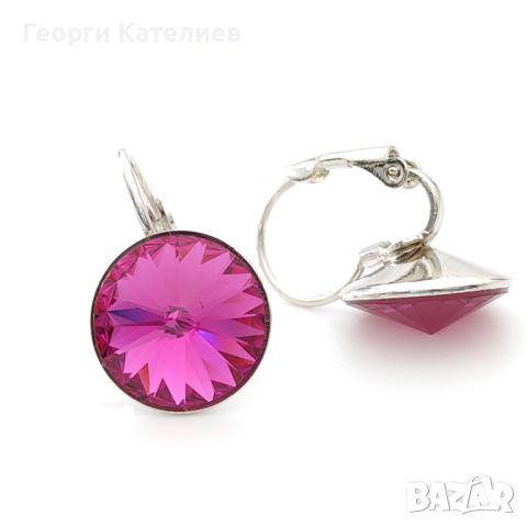 Висящи Обеци Сваровски Цикламени Fuchsia-12 Мм, снимка 2 - Обеци - 46290727