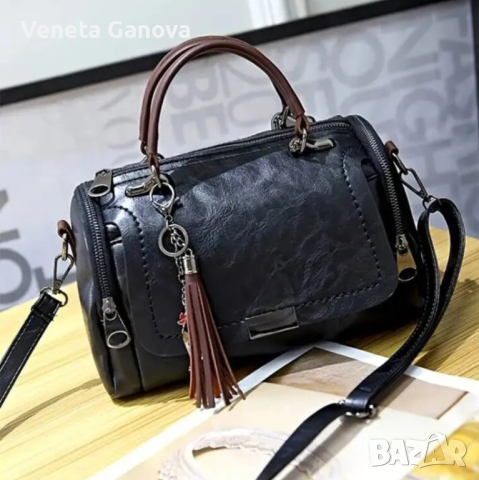 Черна дамска чанта от екокожа с къса и дълга дръжка, снимка 1 - Чанти - 45068372