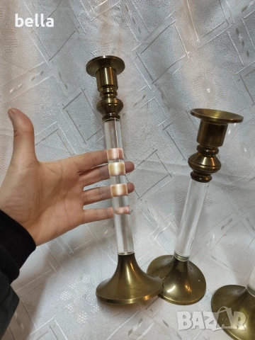 Елегантен комплект винтидж бронзови свещници (3 бр.) в стил Hollywood Regency., снимка 3 - Антикварни и старинни предмети - 53389830