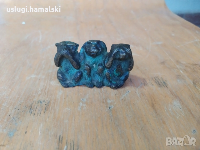 Винтидж бронзова статуетка Трите маймуни, снимка 4 - Антикварни и старинни предмети - 53937359